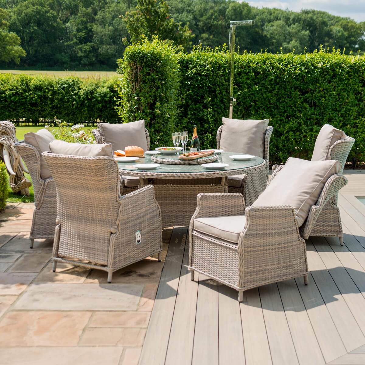 Cotswold Reclining 6 Seat Round Dining Set (With Woven Lazy Susan)