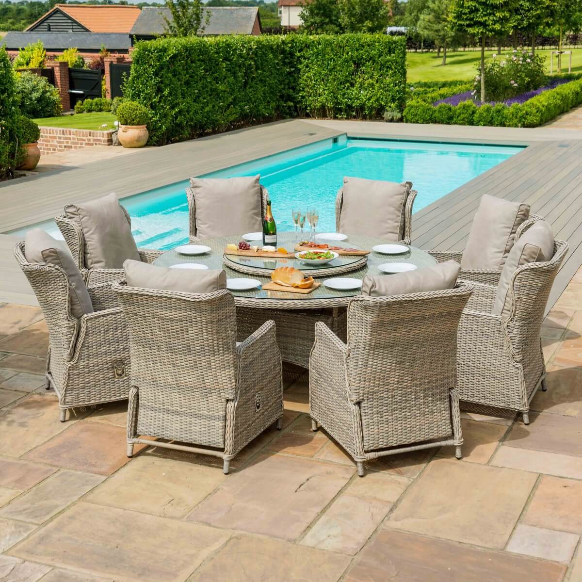 Cotswold Reclining 8 Seat Round Dining Set (With Woven Lazy Susan)