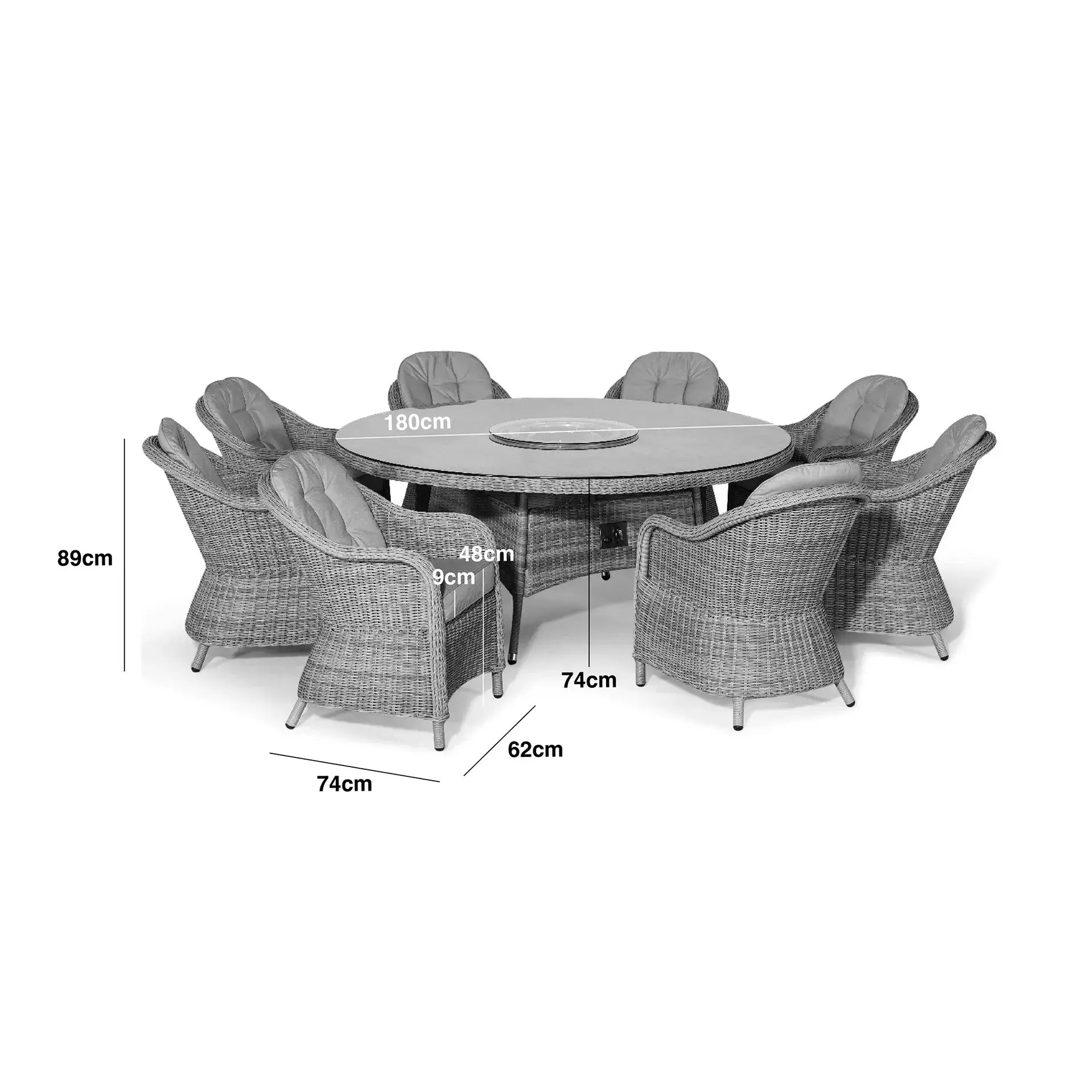 Oxford 8 Seat Round Fire Pit Dining Set with Heritage Chairs and Lazy Susan